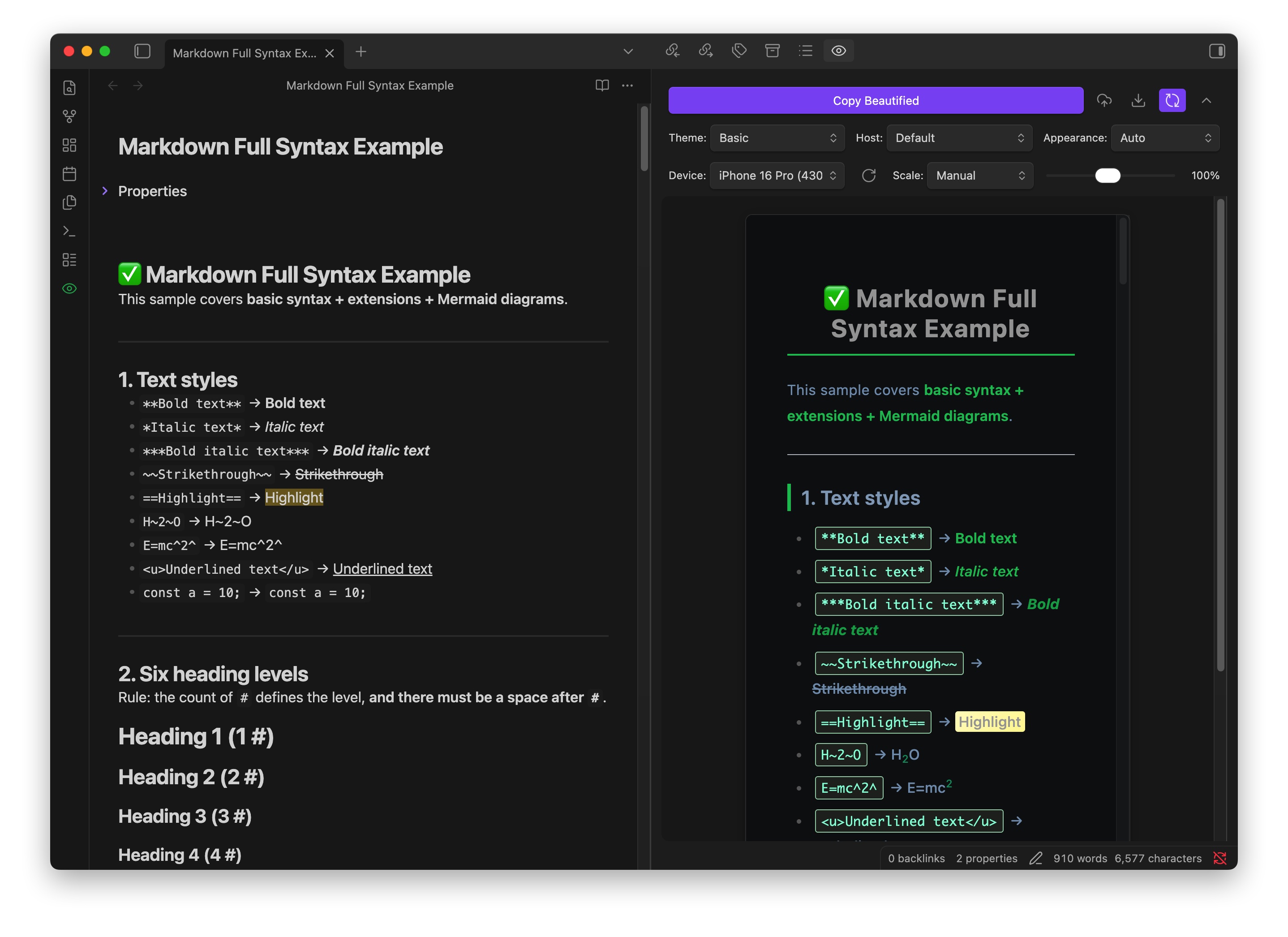 MD Beautify Obsidian plugin dark mode preview